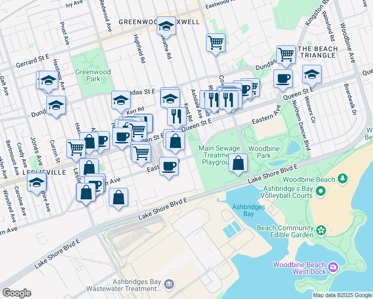 map of restaurants, bars, coffee shops, grocery stores, and more near in Toronto