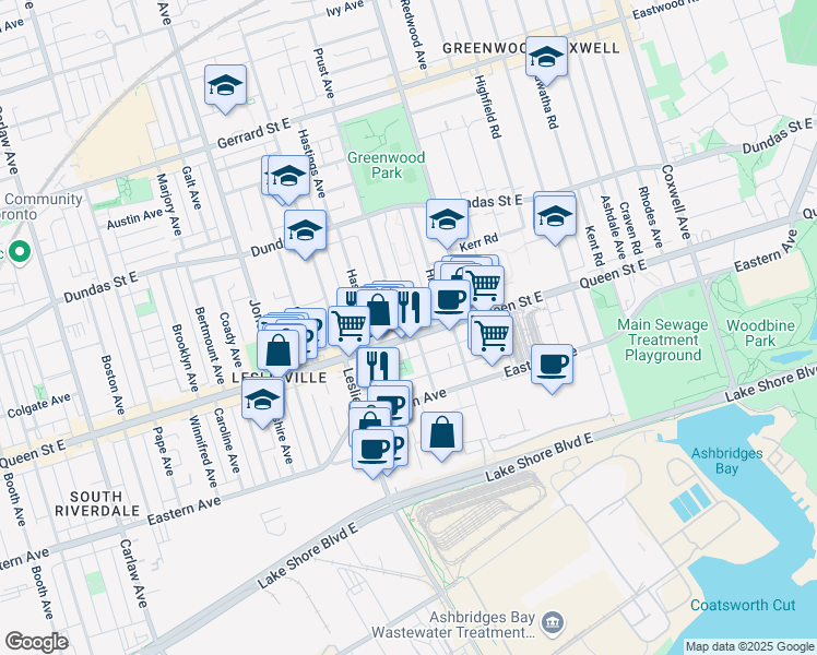 map of restaurants, bars, coffee shops, grocery stores, and more near in Toronto