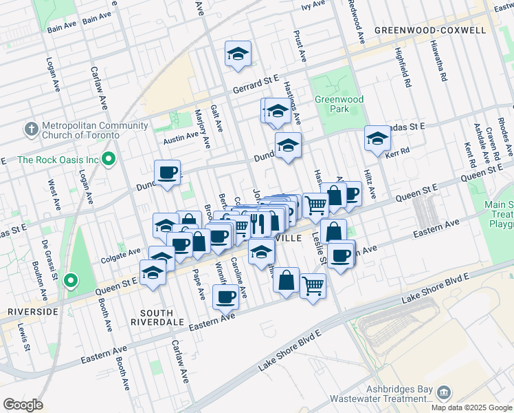 map of restaurants, bars, coffee shops, grocery stores, and more near 33 Jones Avenue in Toronto
