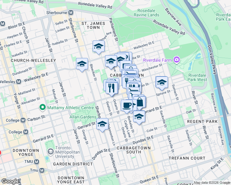 map of restaurants, bars, coffee shops, grocery stores, and more near in Toronto