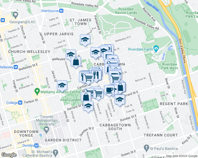map of restaurants, bars, coffee shops, grocery stores, and more near in Toronto