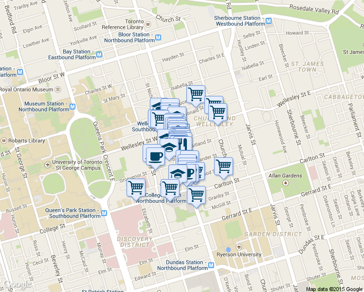 map of restaurants, bars, coffee shops, grocery stores, and more near 500 Yonge Street in Toronto