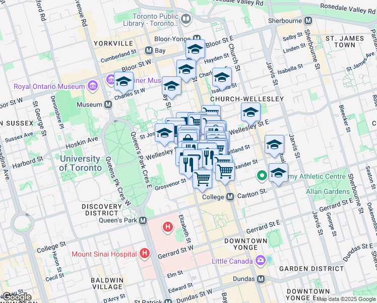 map of restaurants, bars, coffee shops, grocery stores, and more near 915 Bay Street in Toronto