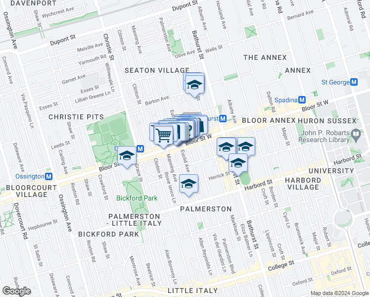 map of restaurants, bars, coffee shops, grocery stores, and more near 645 Bloor Street West in Toronto