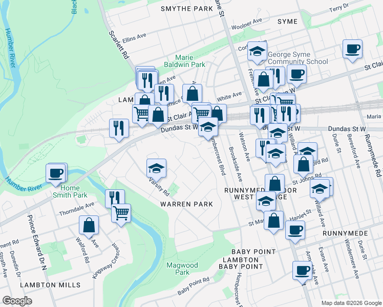 map of restaurants, bars, coffee shops, grocery stores, and more near in Toronto