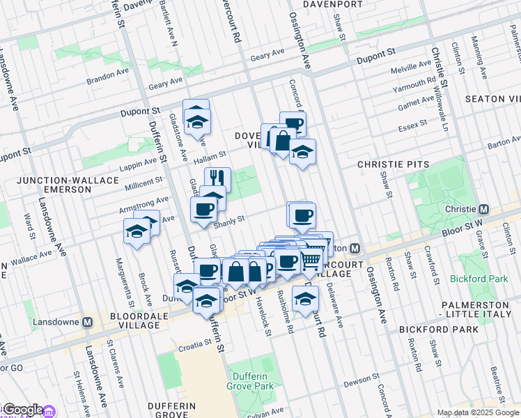 map of restaurants, bars, coffee shops, grocery stores, and more near 62 Shanly Street in Toronto