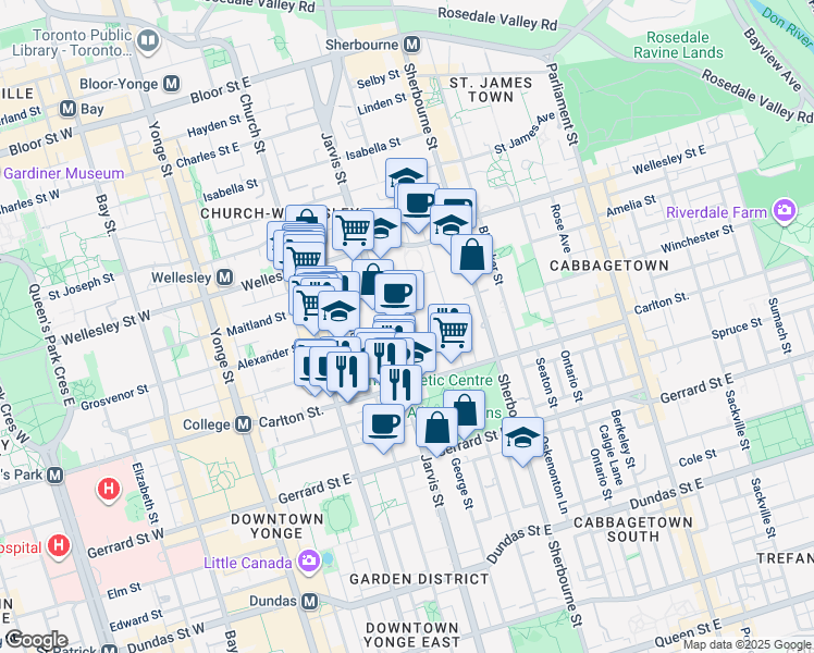 map of restaurants, bars, coffee shops, grocery stores, and more near 437 Jarvis Street in Toronto