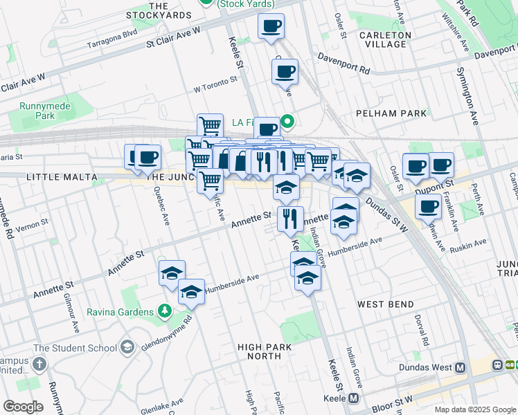 map of restaurants, bars, coffee shops, grocery stores, and more near 186 Mavety Street in Toronto