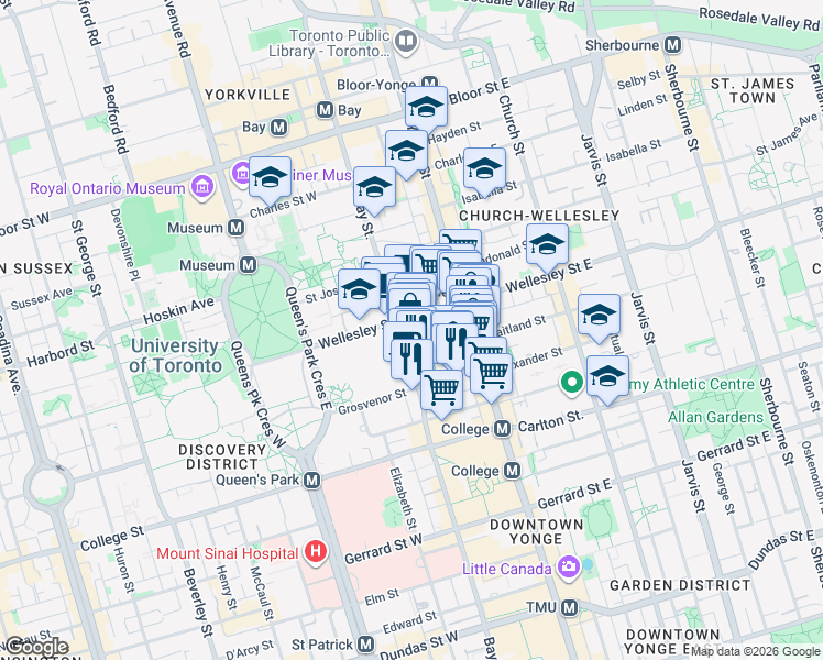 map of restaurants, bars, coffee shops, grocery stores, and more near 925 Bay Street in Toronto