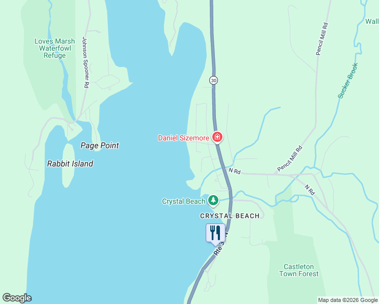 map of restaurants, bars, coffee shops, grocery stores, and more near 1 West Crystal Haven in Castleton