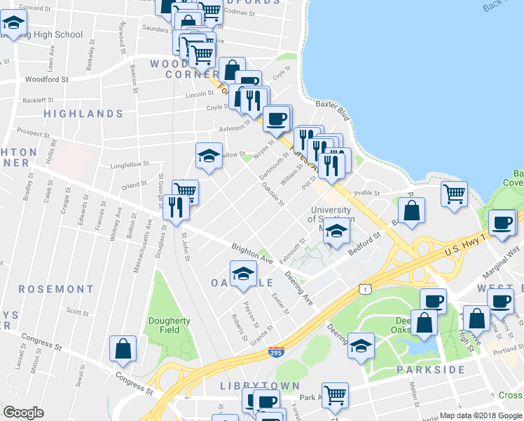 map of restaurants, bars, coffee shops, grocery stores, and more near 82 William Street in Portland