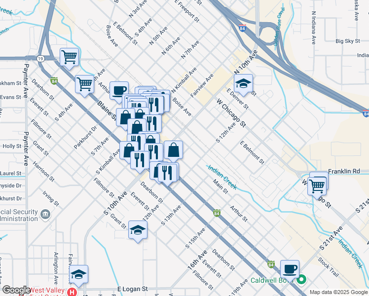 map of restaurants, bars, coffee shops, grocery stores, and more near 1022 Main Street in Caldwell