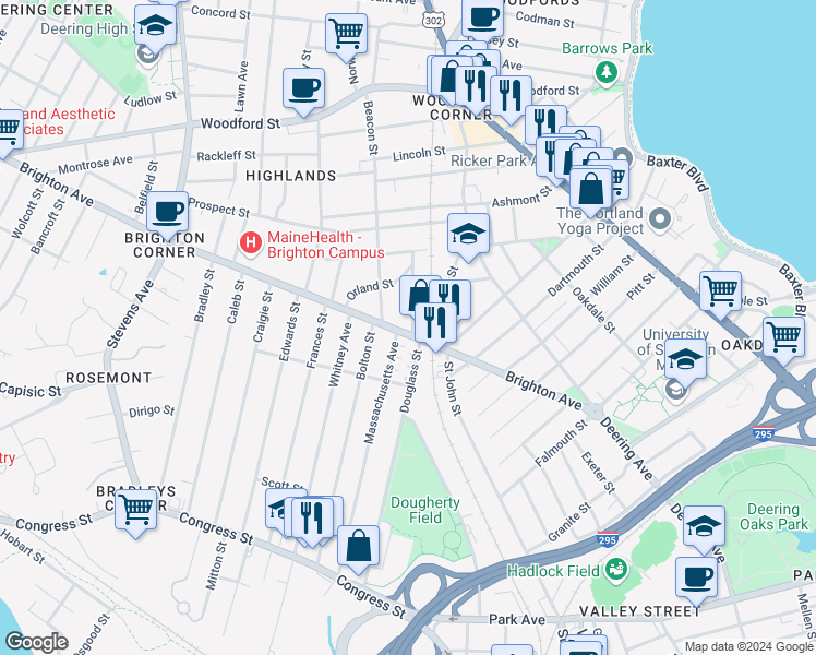 map of restaurants, bars, coffee shops, grocery stores, and more near 219 Brighton Avenue in Portland