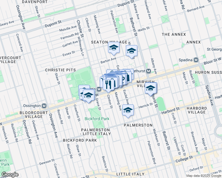 map of restaurants, bars, coffee shops, grocery stores, and more near 678 Bloor Street West in Toronto
