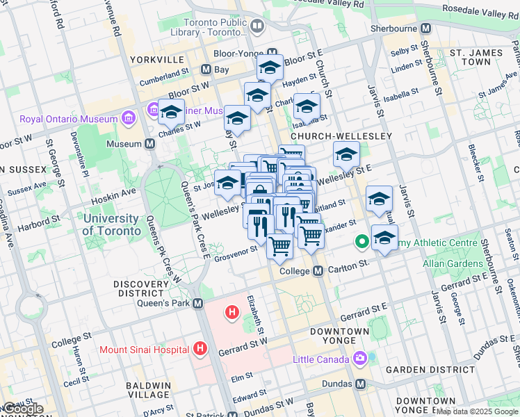 map of restaurants, bars, coffee shops, grocery stores, and more near 35 Breadalbane Street in Toronto