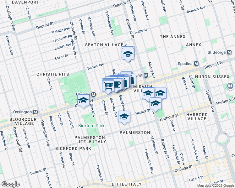 map of restaurants, bars, coffee shops, grocery stores, and more near 645 Bloor Street West in Toronto