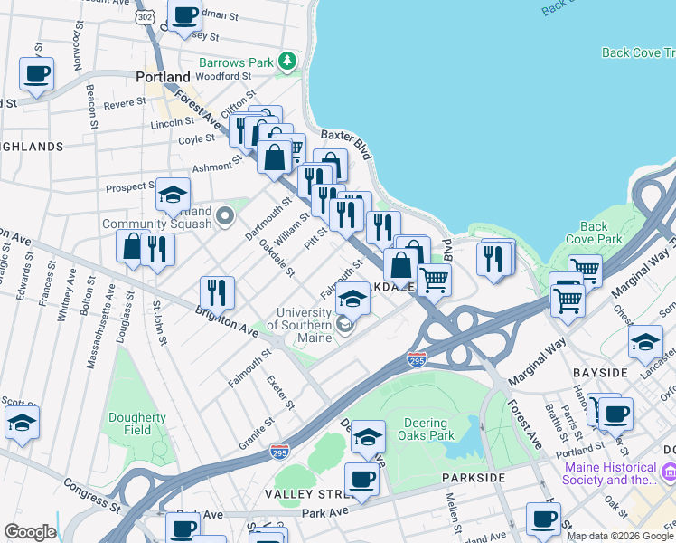 map of restaurants, bars, coffee shops, grocery stores, and more near 49 Falmouth Street in Portland