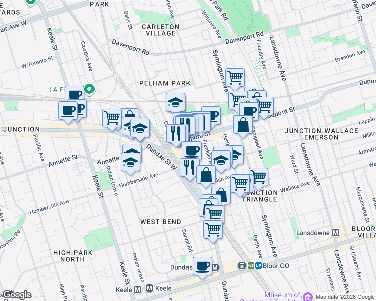 map of restaurants, bars, coffee shops, grocery stores, and more near 96 Edwin Avenue in Toronto