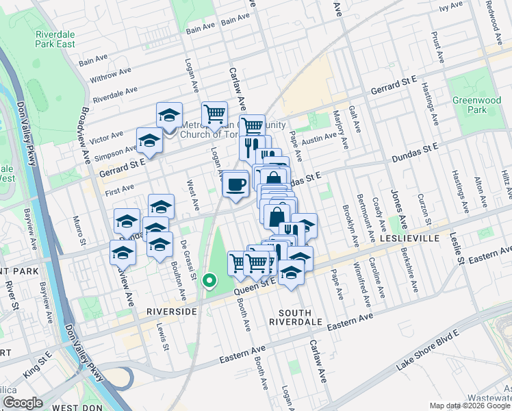map of restaurants, bars, coffee shops, grocery stores, and more near 1159 Dundas Street East in Toronto