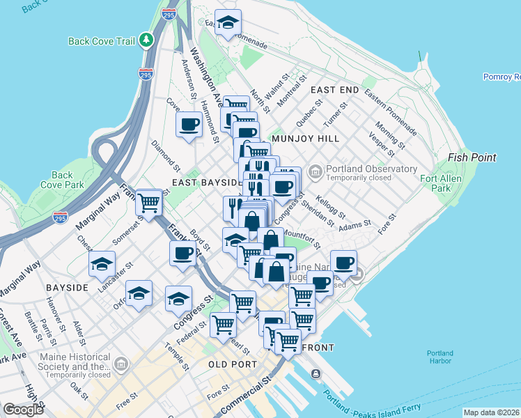 map of restaurants, bars, coffee shops, grocery stores, and more near 26 Washington Avenue in Portland