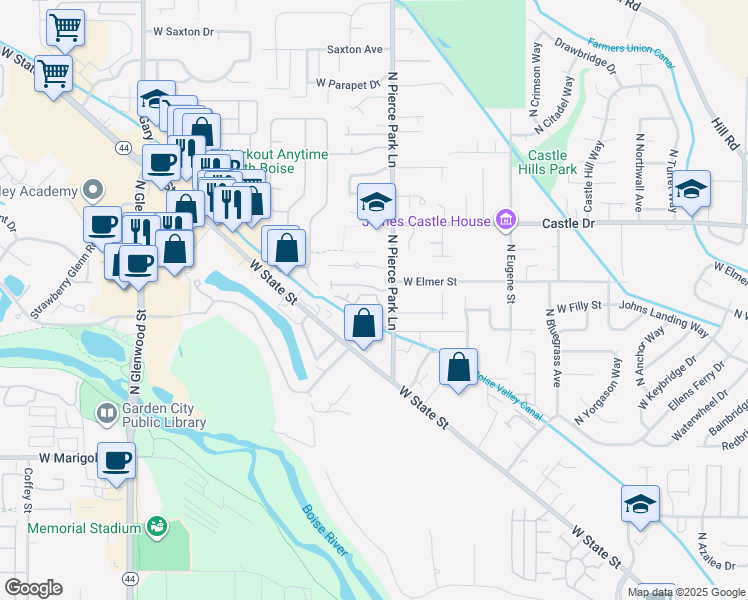 map of restaurants, bars, coffee shops, grocery stores, and more near 4823 North Charm Lane in Boise
