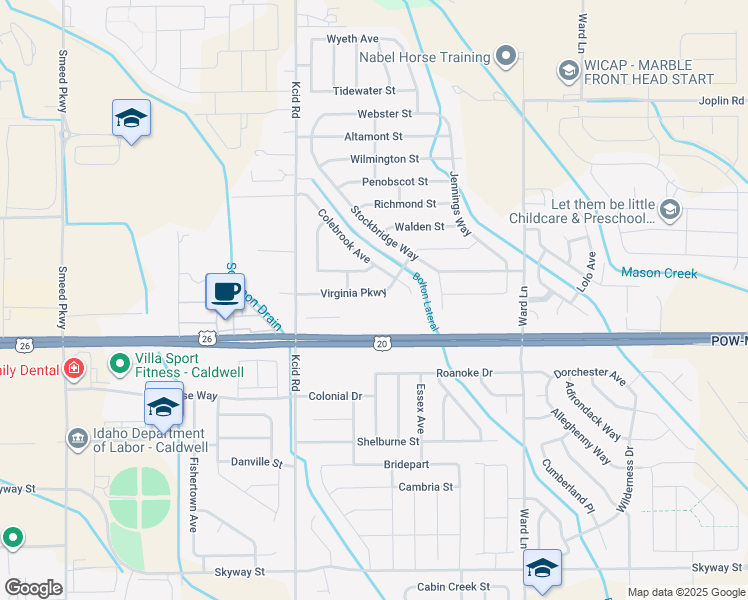 map of restaurants, bars, coffee shops, grocery stores, and more near 11831 Virginia Parkway in Caldwell