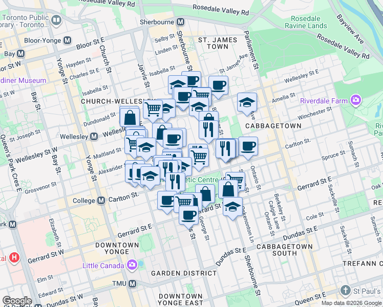 map of restaurants, bars, coffee shops, grocery stores, and more near 40 Homewood Avenue in Toronto