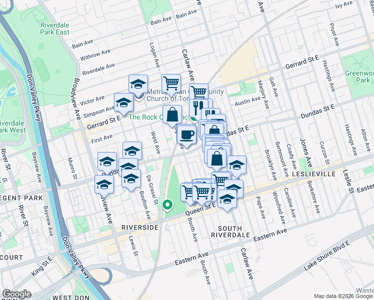 map of restaurants, bars, coffee shops, grocery stores, and more near 401 Logan Avenue in Toronto
