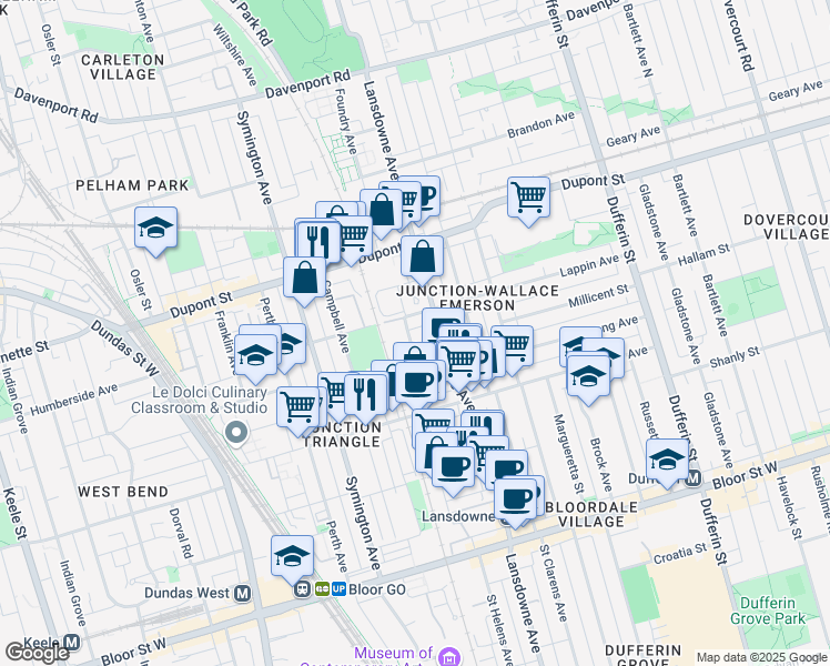 map of restaurants, bars, coffee shops, grocery stores, and more near 67 Ward Street in Toronto