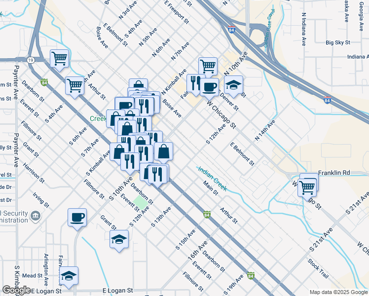 map of restaurants, bars, coffee shops, grocery stores, and more near 1122 Main Street in Caldwell