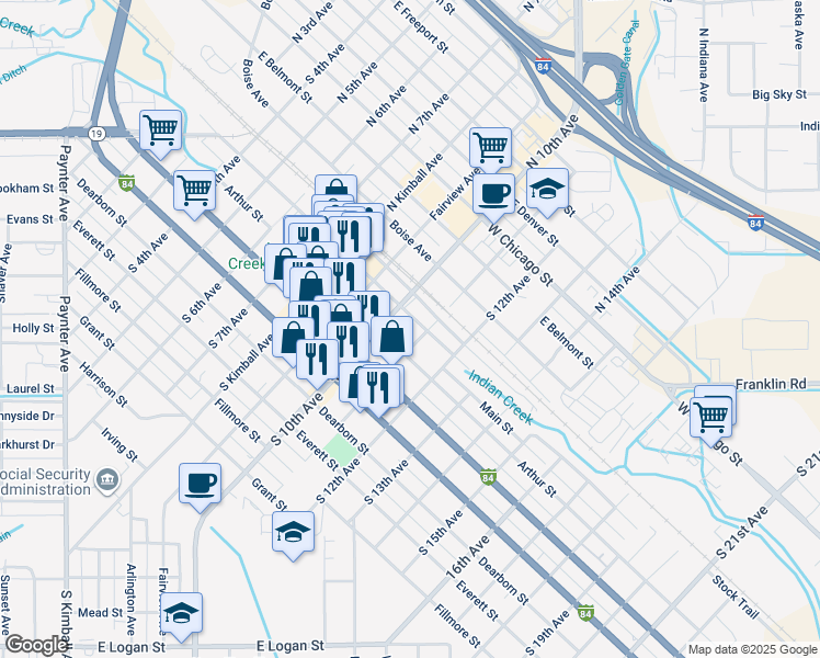 map of restaurants, bars, coffee shops, grocery stores, and more near 1023 Arthur Street in Caldwell