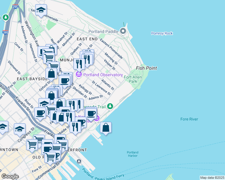 map of restaurants, bars, coffee shops, grocery stores, and more near 26R Fore Street in Portland
