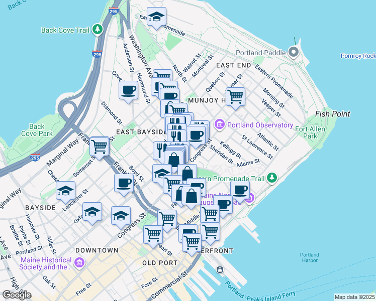 map of restaurants, bars, coffee shops, grocery stores, and more near 217 Congress Street in Portland