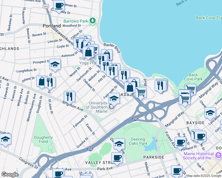 map of restaurants, bars, coffee shops, grocery stores, and more near 49 Falmouth Street in Portland