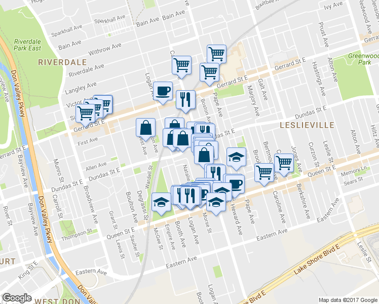 map of restaurants, bars, coffee shops, grocery stores, and more near 1159 Dundas Street East in Toronto