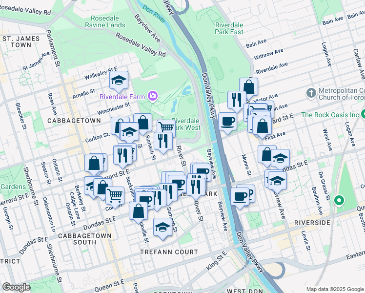 map of restaurants, bars, coffee shops, grocery stores, and more near in Toronto