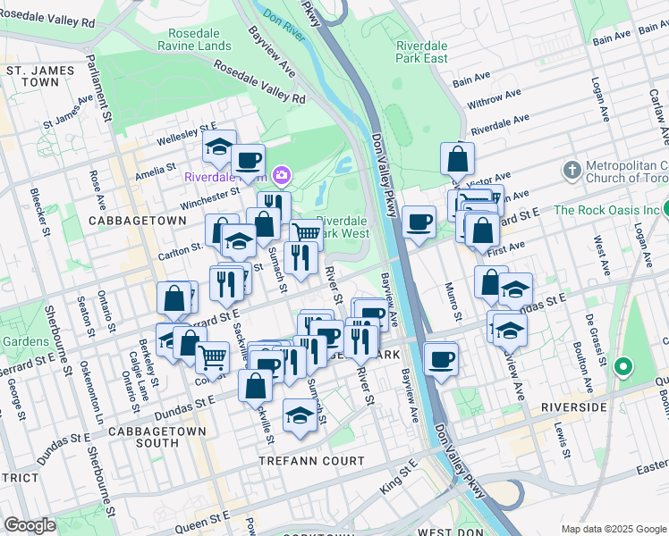 map of restaurants, bars, coffee shops, grocery stores, and more near in Toronto
