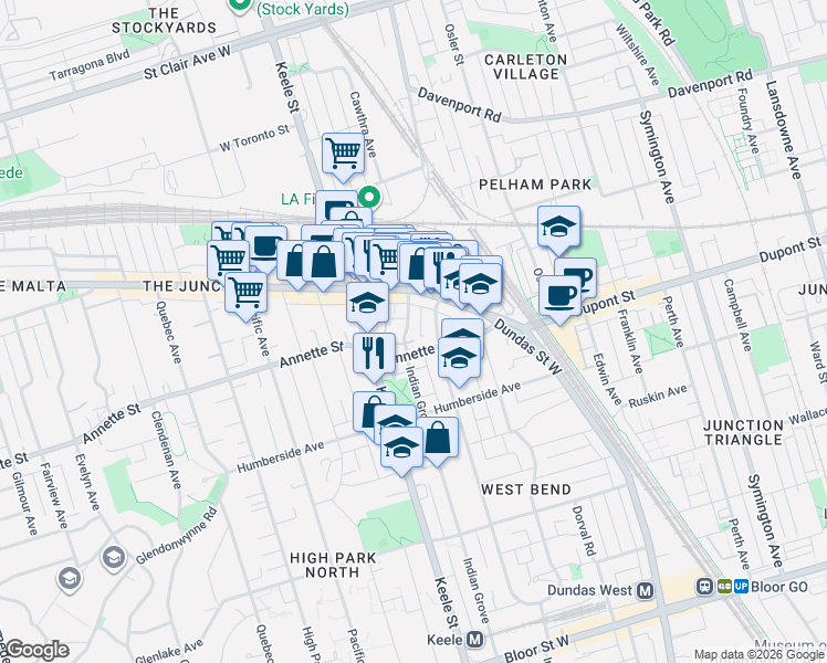 map of restaurants, bars, coffee shops, grocery stores, and more near in Toronto