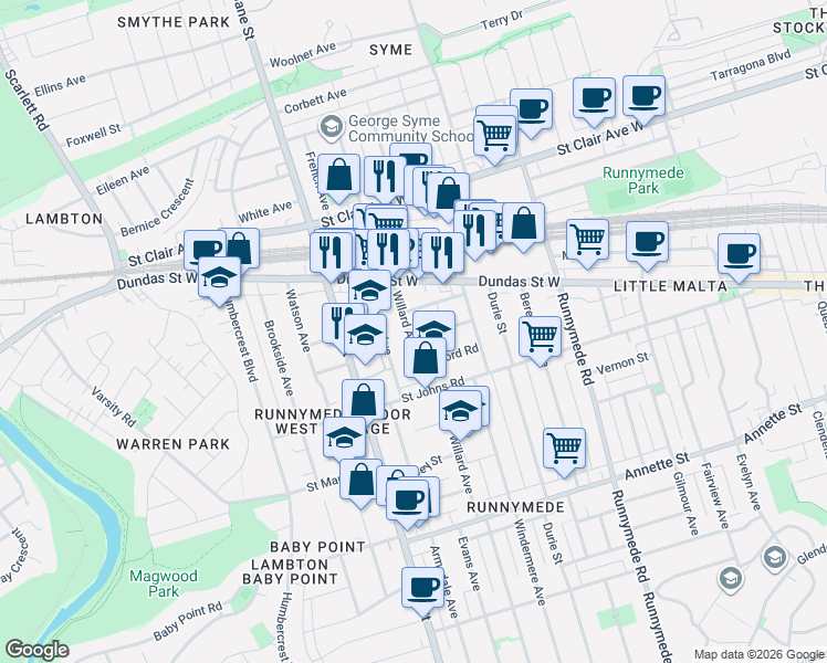 map of restaurants, bars, coffee shops, grocery stores, and more near 703 Willard Avenue in Toronto