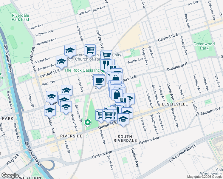 map of restaurants, bars, coffee shops, grocery stores, and more near 1159 Dundas Street East in Toronto
