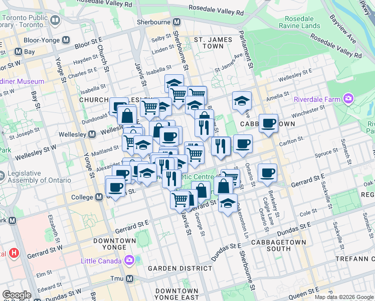 map of restaurants, bars, coffee shops, grocery stores, and more near 40 Homewood Avenue in Toronto