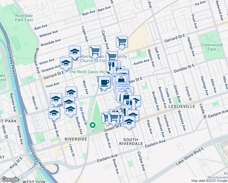 map of restaurants, bars, coffee shops, grocery stores, and more near 1159 Dundas Street East in Toronto