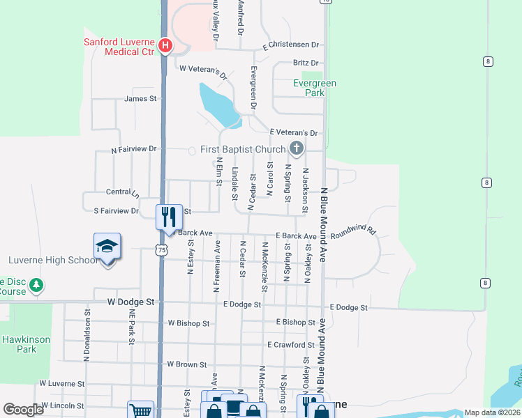 map of restaurants, bars, coffee shops, grocery stores, and more near 908 North Cedar Street in Luverne