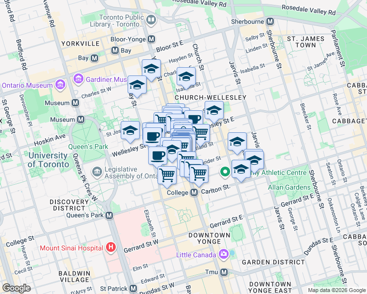 map of restaurants, bars, coffee shops, grocery stores, and more near 533 Yonge Street in Toronto