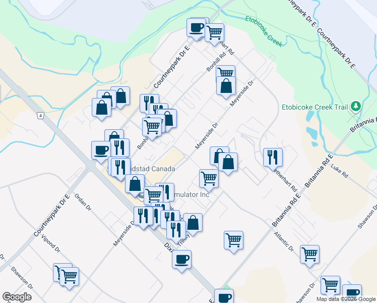 map of restaurants, bars, coffee shops, grocery stores, and more near 1675 Meyerside Drive in Mississauga