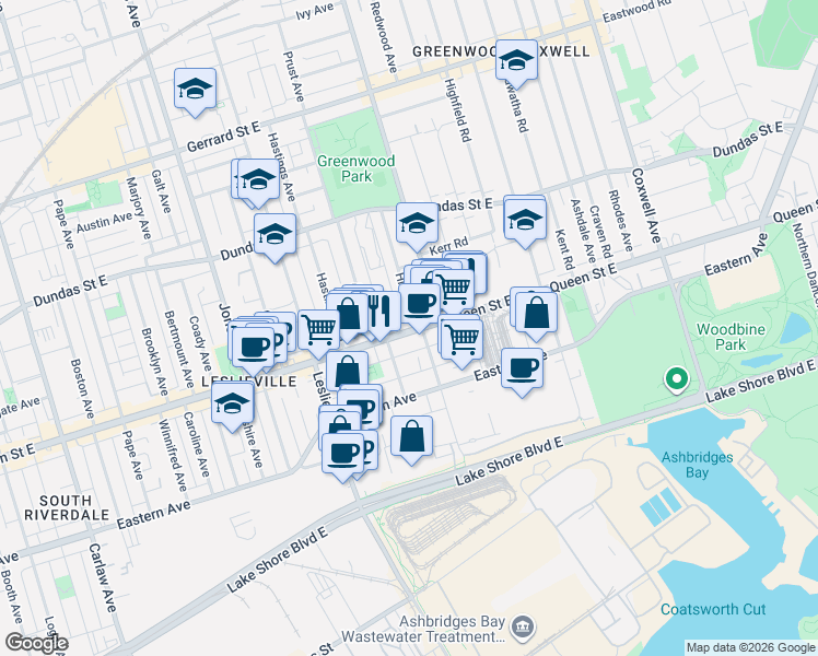 map of restaurants, bars, coffee shops, grocery stores, and more near 1346 Queen Street East in Toronto