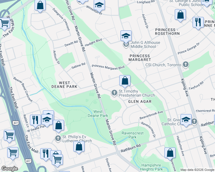 map of restaurants, bars, coffee shops, grocery stores, and more near 8 Burwood Road in Toronto