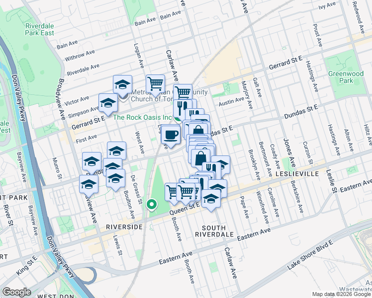 map of restaurants, bars, coffee shops, grocery stores, and more near 1159 Dundas Street East in Toronto