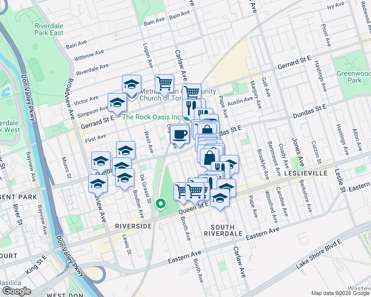map of restaurants, bars, coffee shops, grocery stores, and more near 1120 Dundas Street East in Toronto