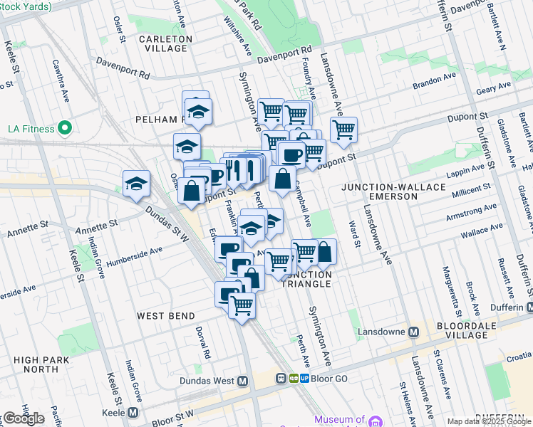 map of restaurants, bars, coffee shops, grocery stores, and more near 353 Perth Avenue in Toronto